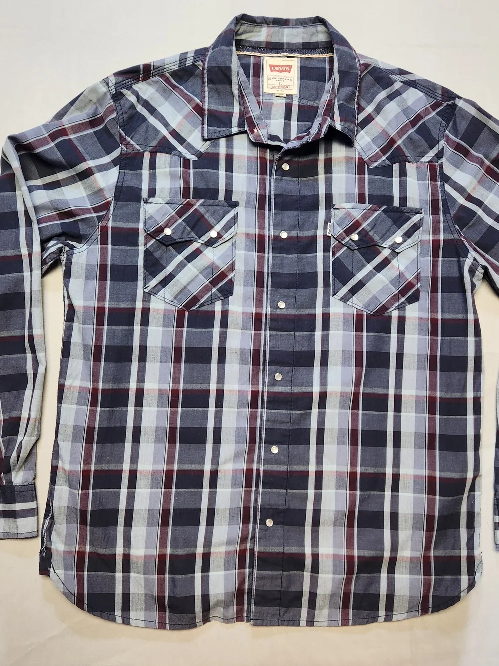 Levi’s Pearl Snap Button Western Shirt Mens L Plaid Long Sleeve Cowboy Sawtooth